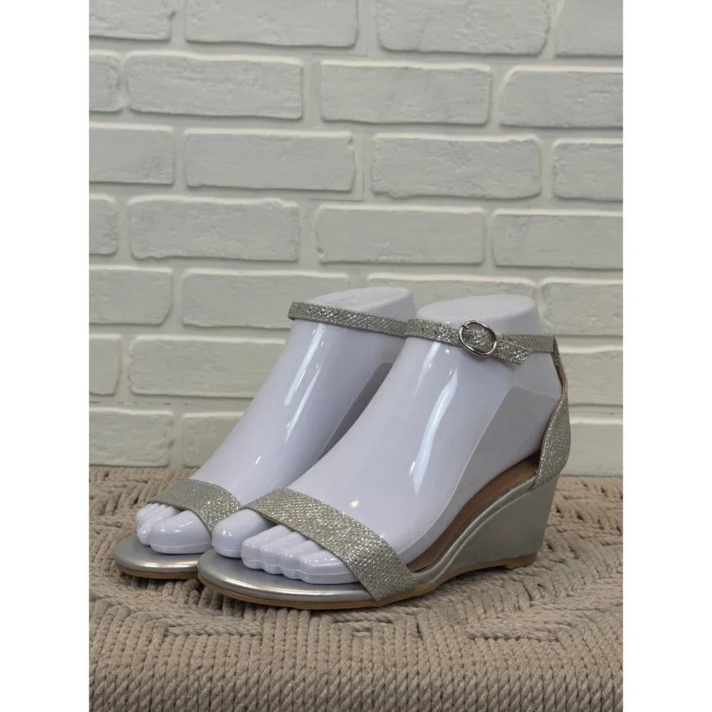 Didifu Glitter Ankle-Strap Wedge Sandals Silver Size 5